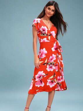 Lulus Have Love Will Travel Coral Red Floral Print Wrap Midi Dress - Size Small